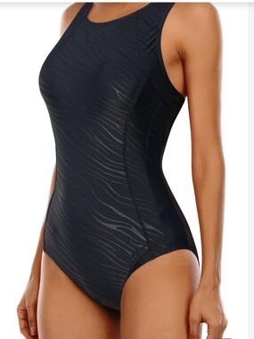 Sleek Black One-Piece Swim Suit with Subtle Wave Texture Size Woman XL Swimwear